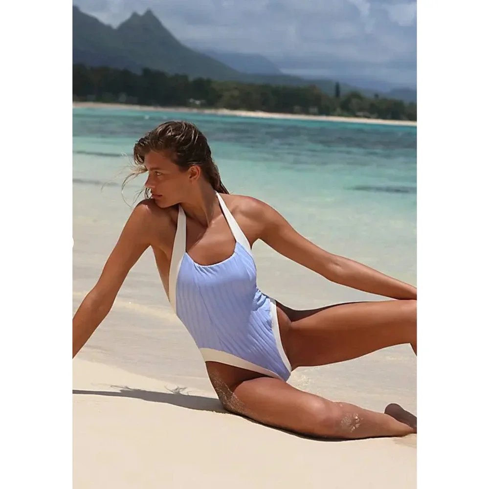 NEW KYA FREE PEOPLE PERIWINKLE VANILLA RIBBED ROSIE ONE PIECE SWIMSUIT SZ M
